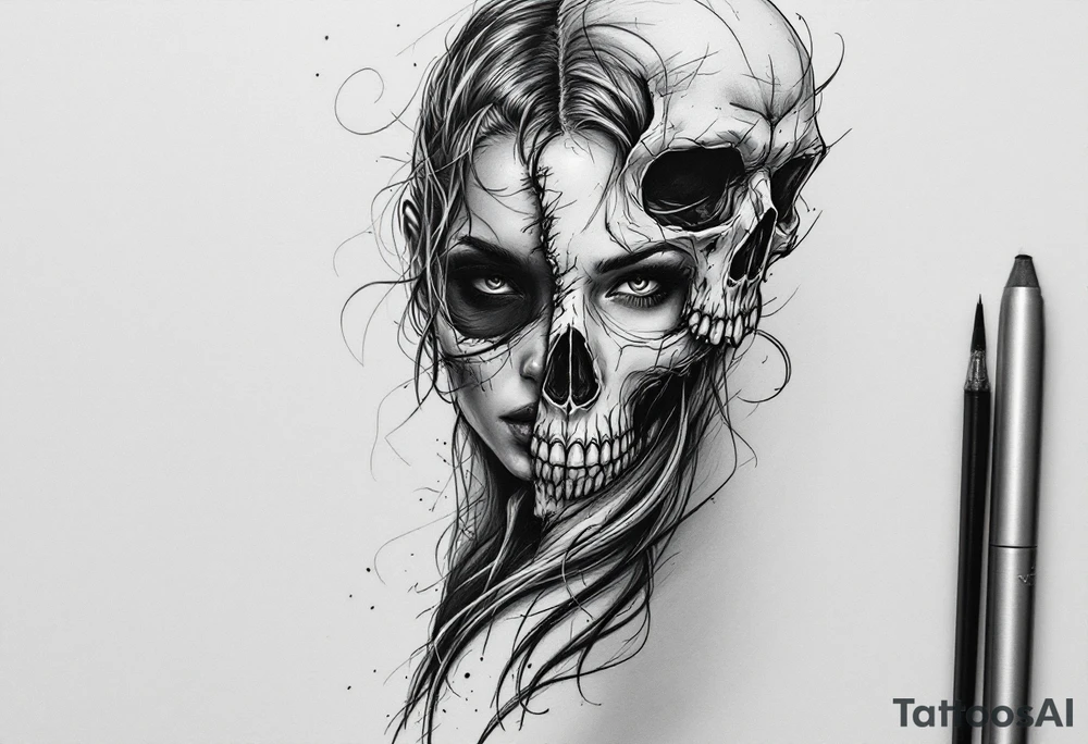Half female half skull portrait tattoo tattoo idea