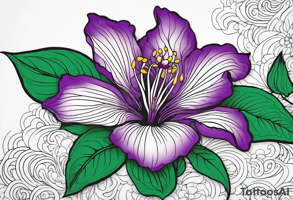 An outline of a rio dipladenia flower with a green and purple background tattoo idea
