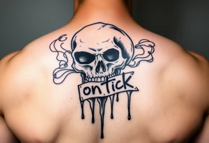 Graffiti type skull with markers dripping ink writing a tag that says on tick behind the skull with smoke that says ontick tattoo idea