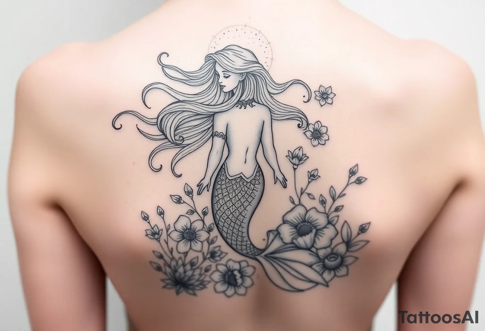 ethereal mermaid with flowing hair among coral and sea flowers tattoo idea