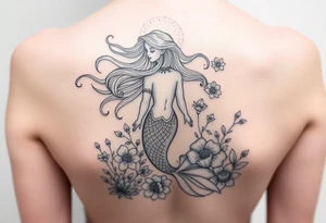 ethereal mermaid with flowing hair among coral and sea flowers tattoo idea
