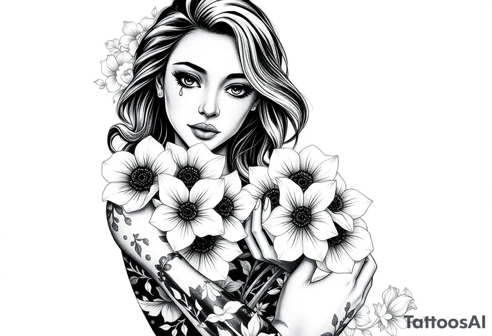 highly detailed black and grey tattoo-style illustration, same woman holding flowers with eyes in the petals, same pose, same proportions, delicate fine-line shading, stippling, flowing hair, single tear, graphite and ink on textured paper, ornate but subtle floral border, light background shading, art print aesthetic, no changes to face, hands, or flower positions --ar 2:3 --style raw --iw 2 tattoo idea