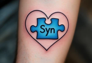 A puzzle piece in bright blue labeled “Syn,” fitted perfectly into a black outline of a heart. tattoo idea