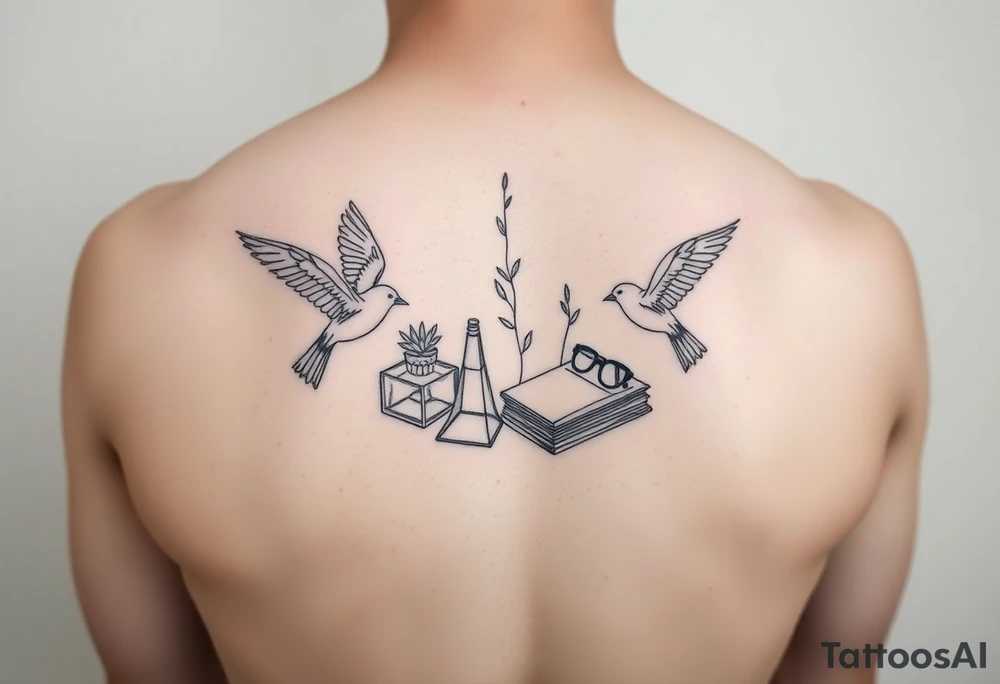 Minimalist fine line tattoo incorporating birds, nature, books, science tattoo idea