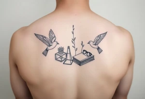 Minimalist fine line tattoo incorporating birds, nature, books, science tattoo idea