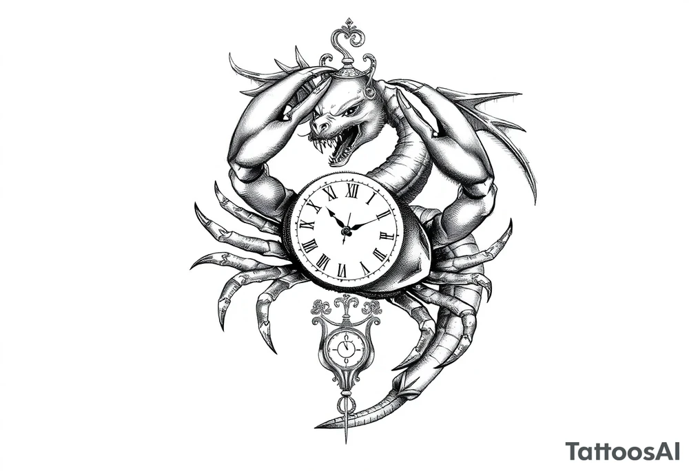 Dark cancer zodiac sign tattoo with dragon and clock on background tattoo idea
