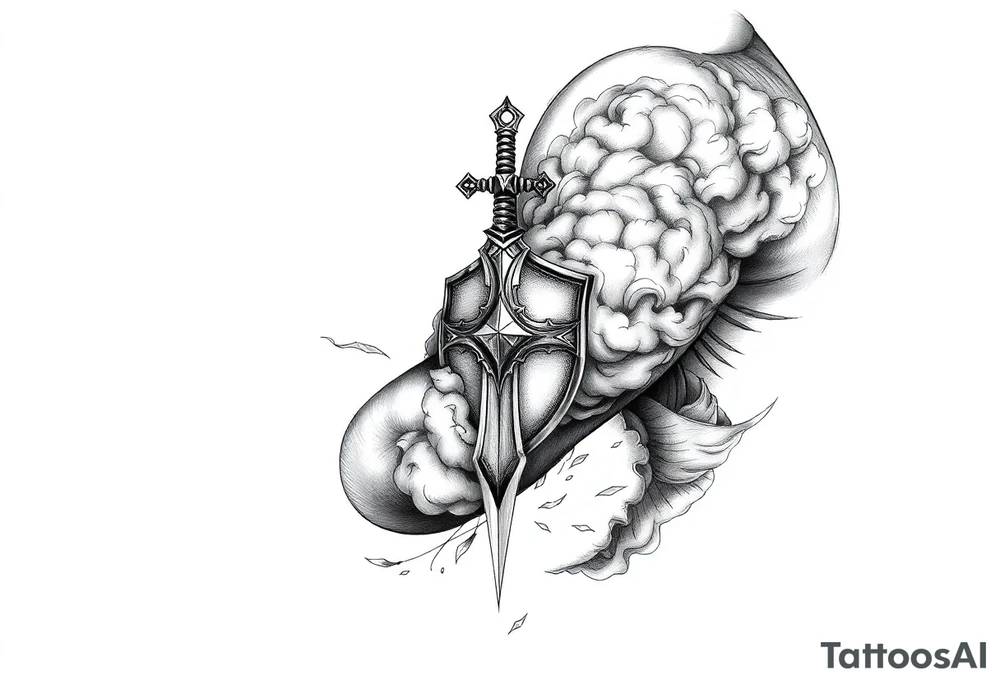 clouds, sword, shield, cross tattoo idea
