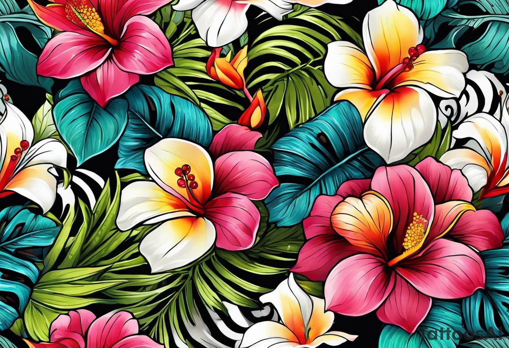TROPICAL FLORAL, PHILLIGRY, INTRIATE, DETAILED, COLORFUL, BRIGHT, STREETWEAR, URBAN WEAR. CLIP ART tattoo idea