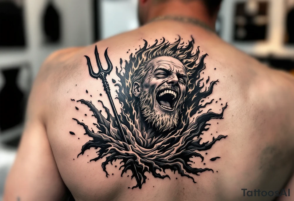 laughing man with a trident, surrounded by fire and water tattoo idea
