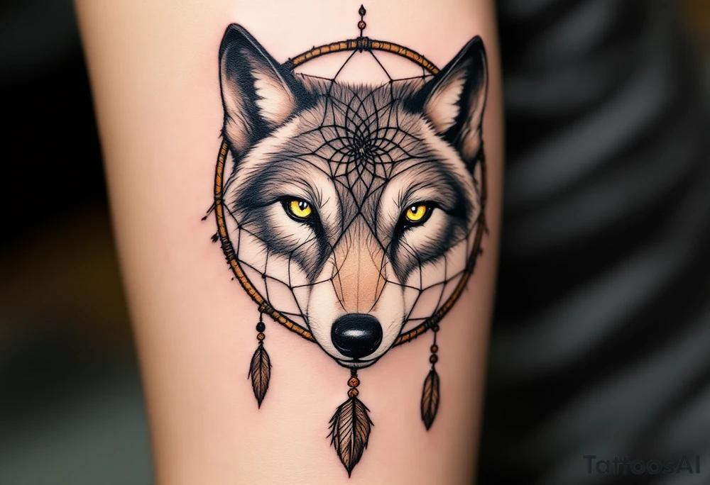 The tattoo focuses on a pair of piercing wolf eyes within the center of a dreamcatcher, with the intricate web of the dreamcatcher surrounding them. The eyes are intensely detailed, representing intuition and connection. Warm amber or golden yellows for the eyes, soft greys for the wolf’s face, and earthy tones like brown and beige for the dreamcatcher. tattoo idea