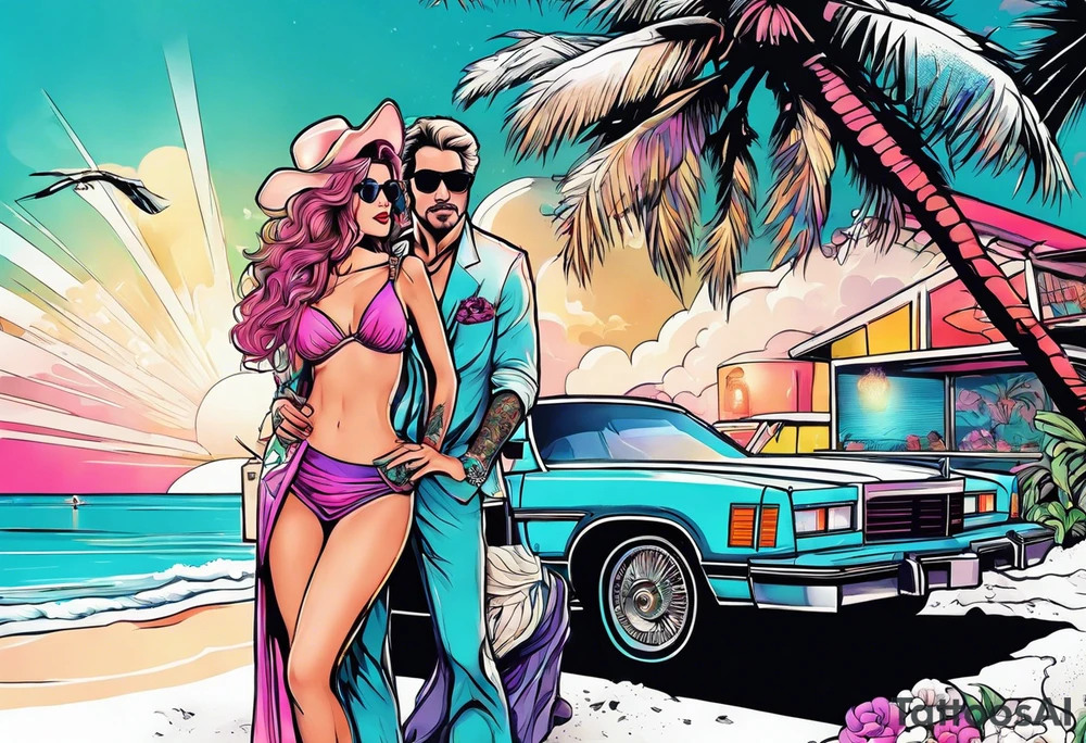 1980's miami vice style beach party, tattoo idea