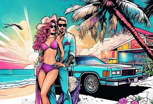 1980's miami vice style beach party, tattoo idea