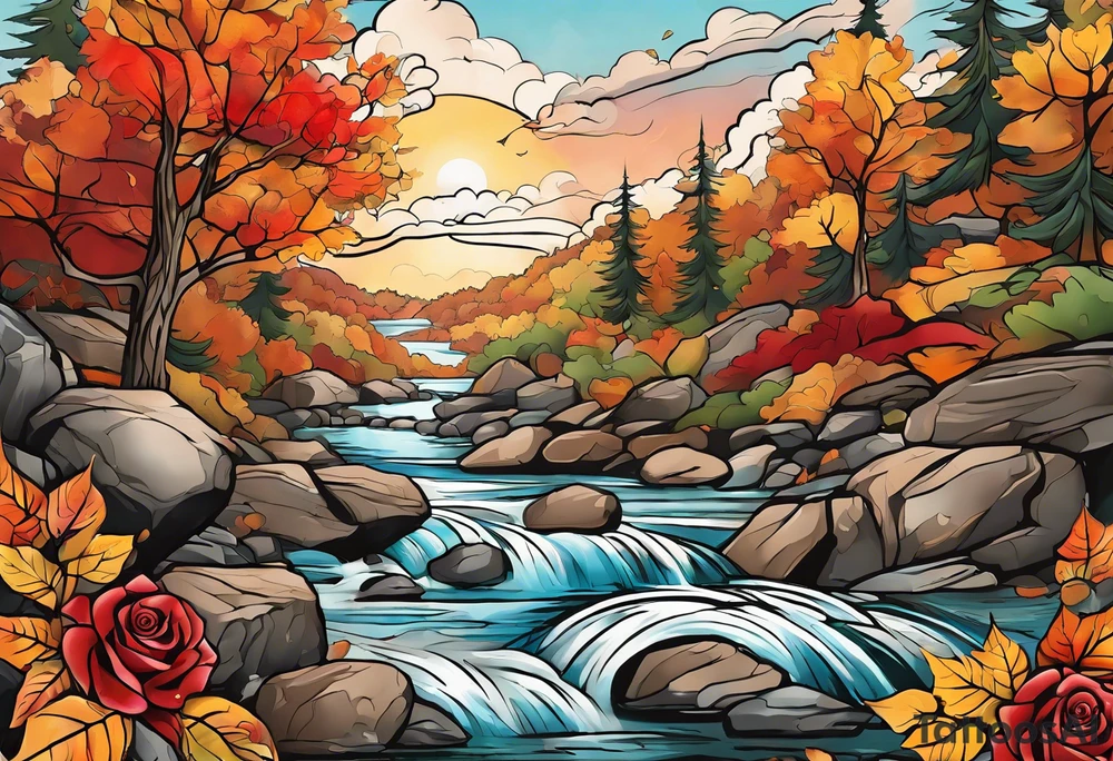 thigh tattoo in fall colors, showing, li, water flow, rocks, sky, clouds, leaves, roses tattoo idea