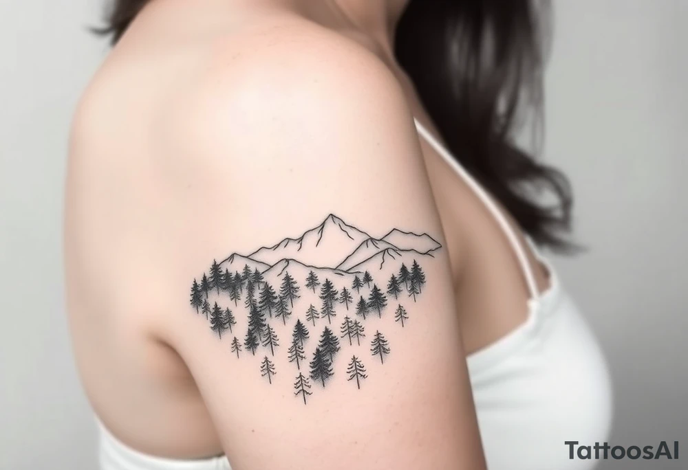 Fine line tattoo of a dense, misty forest at the bottom, leading into clear, distant mountains. The forest should be dark and intricate, while the mountains should gradually become clearer and brighter, symbolizing emotional transition. The design should be minimalist, black and white, and suitable for placement on the upper arm or upper back of the shoulder tattoo idea