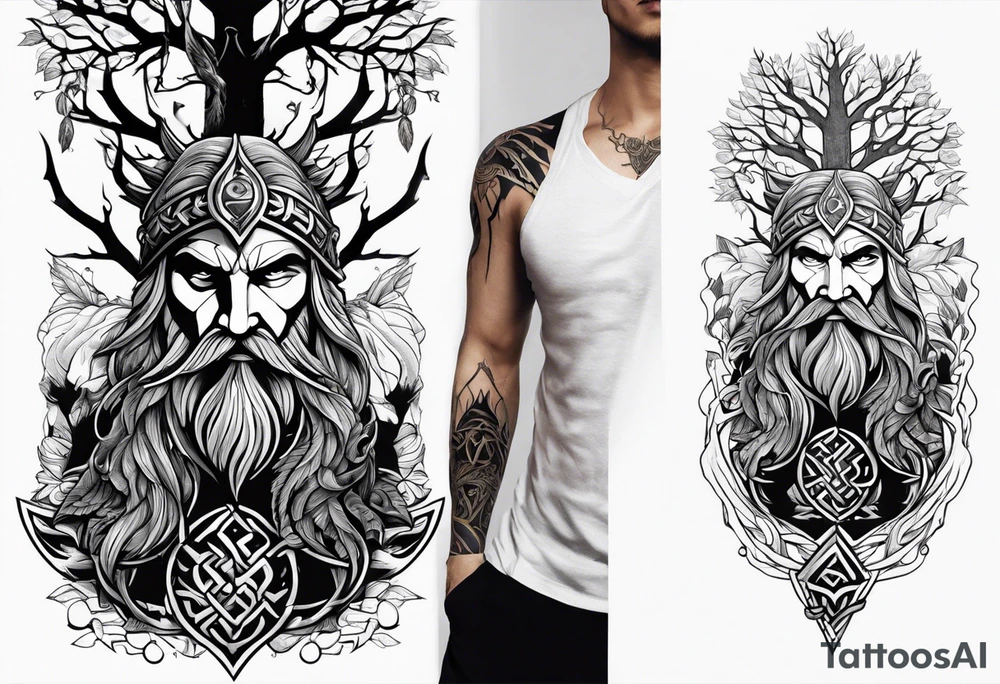 Generate a full left-arm tattoo based on Viking mythology. It has to be a tree with Odin standing next to it, add crows and also a background. tattoo idea