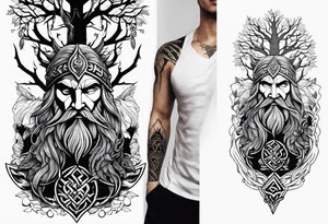 Generate a full left-arm tattoo based on Viking mythology. It has to be a tree with Odin standing next to it, add crows and also a background. tattoo idea