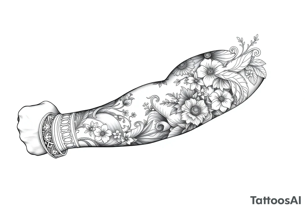 porcelain blue style with ornate, floral, and animal decor with a detailed banded border at the wrist and elbow. tattoo idea
