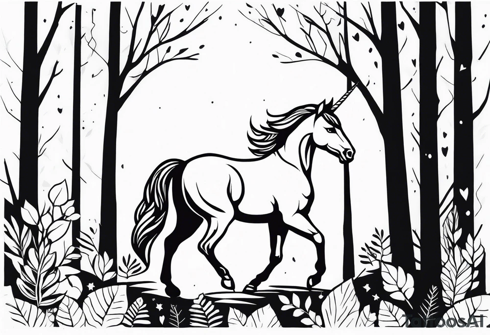 Unicorn in forest – Walking through an enchanted woodland. tattoo idea