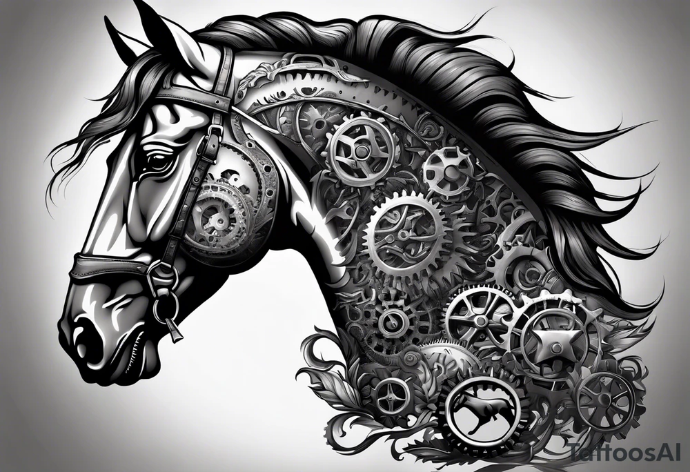 A horse head made fully out of gears tattoo idea