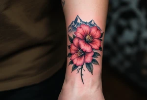 vertical wrist size red  and black rhododendron trippy with Himalayas behind tattoo idea