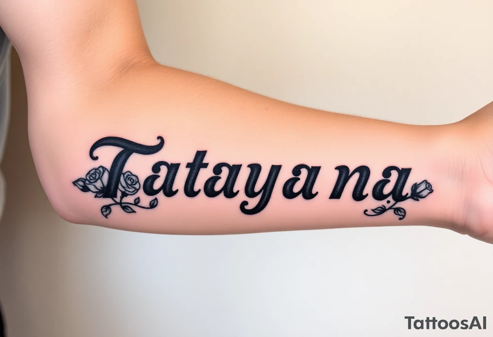 Tatayana name tattoo for a father using old English lettering and roses that starts reading from the wrist to the elbow tattoo idea
