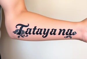 Tatayana name tattoo for a father using old English lettering and roses that starts reading from the wrist to the elbow tattoo idea