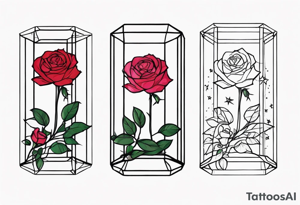 Tall Tesseract with roses and stars top and bottom dainty tattoo idea