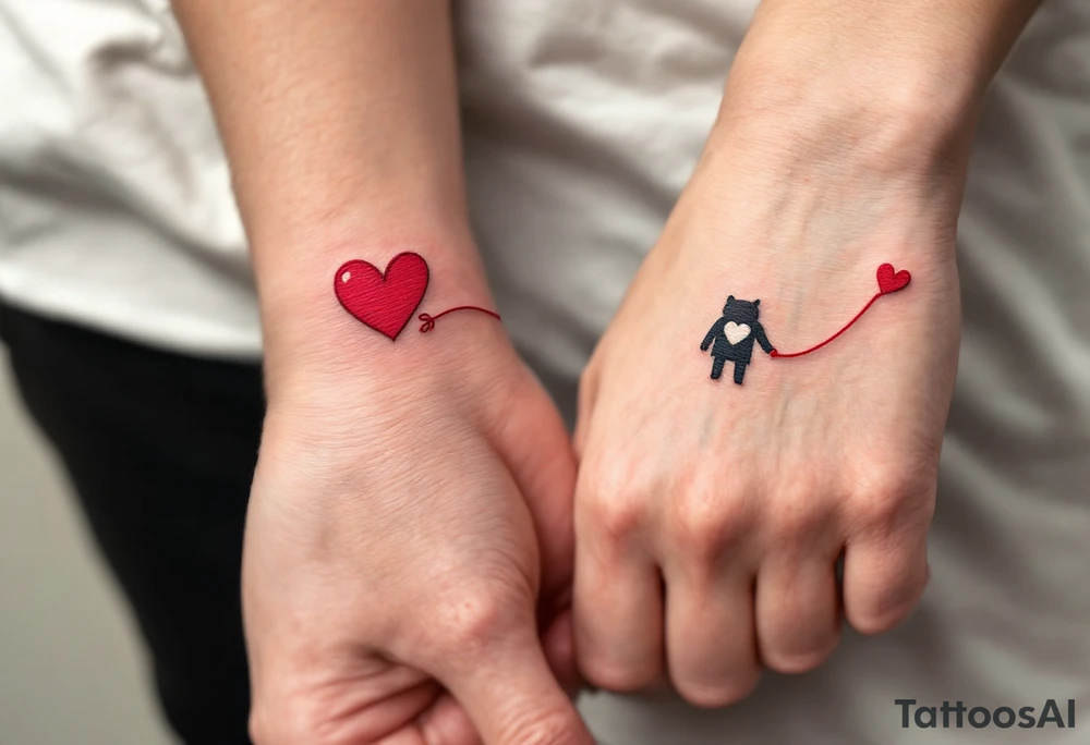 One wears a heart with red string of fate, the other the string continuing into their hand, connecting both wrists. tattoo idea