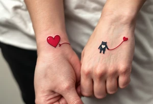 One wears a heart with red string of fate, the other the string continuing into their hand, connecting both wrists. tattoo idea