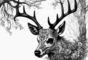 A side profile of decayed deer skull surrounded by trees and fire tattoo idea