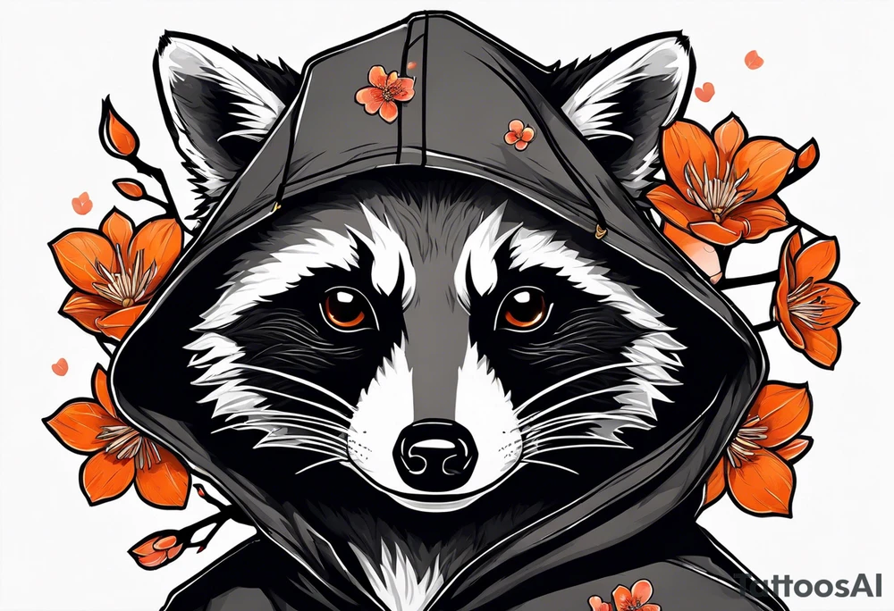 Raccoon wearing a white Superman logo on a black hoodie and orange Japanese cherry blossoms tattoo idea