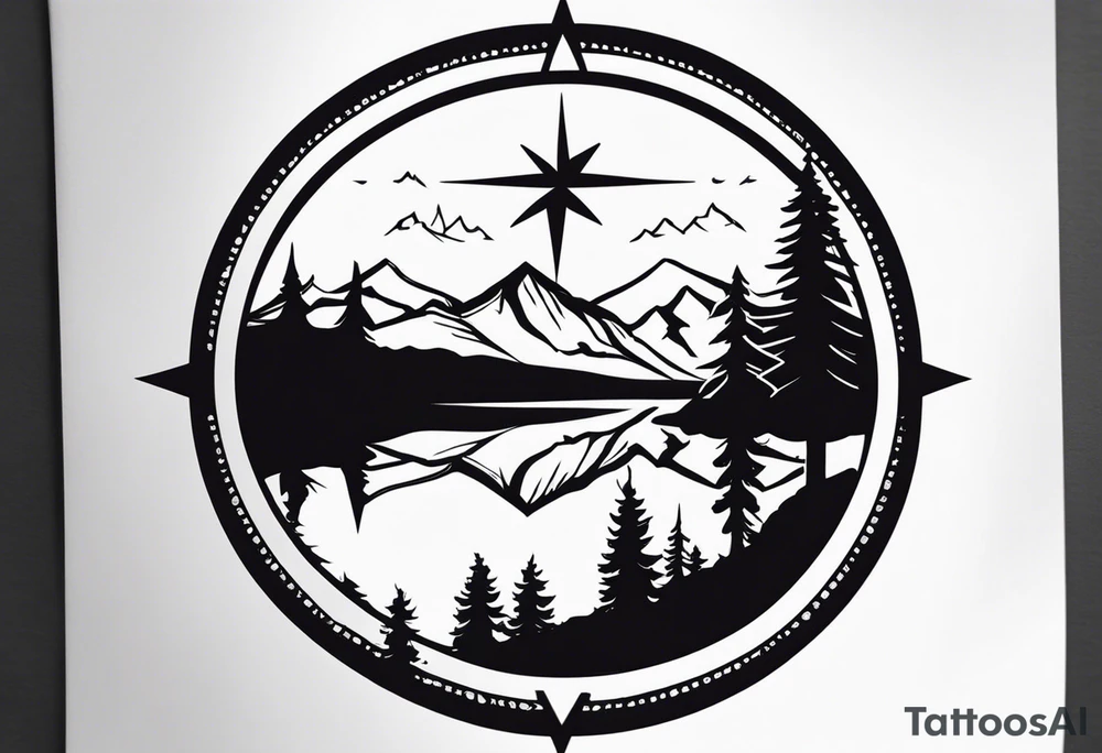 rocky mountains, compass, lake, reflection tattoo idea