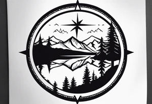 rocky mountains, compass, lake, reflection tattoo idea