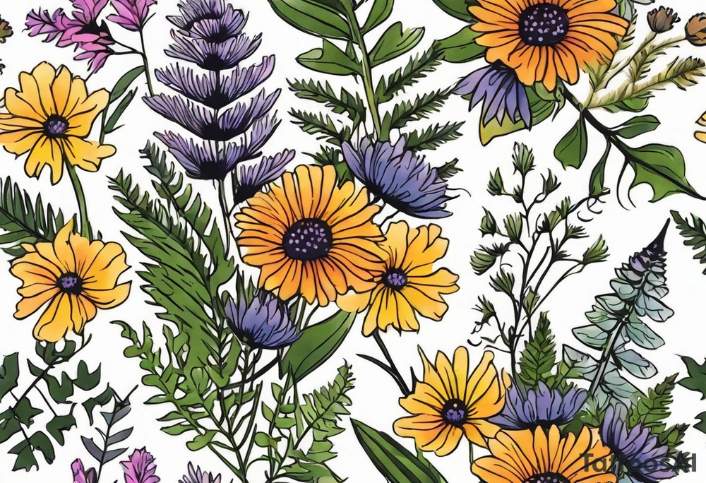 small vertical mixed wildflower bouquet with ferns, thistle and with color tattoo idea