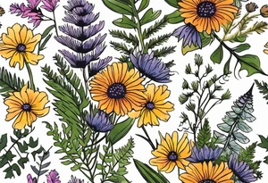small vertical mixed wildflower bouquet with ferns, thistle and with color tattoo idea