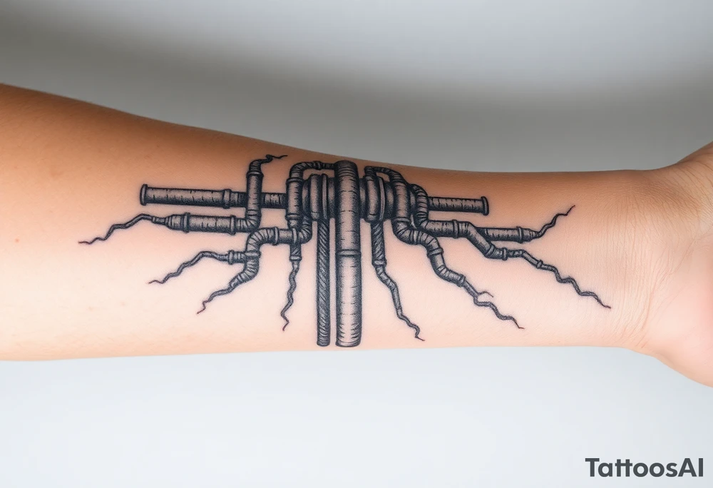 wide vertical System of pipes that transitions and transforms outwards of sides and end into thick, widespread 
veins of forearm tattoo idea