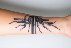 wide vertical System of pipes that transitions and transforms outwards of sides and end into thick, widespread 
veins of forearm tattoo idea