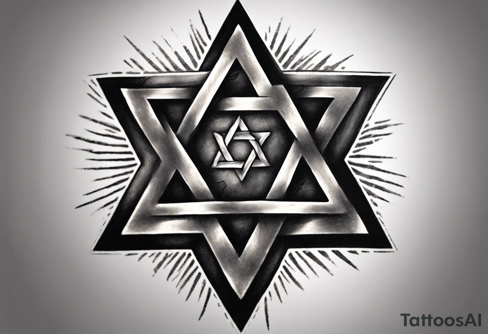 Generate a small 3”x3” tattoo with a rough metal tarnished Star of David using black & grey ultra realism tattoo style that looks as if it was woven into the muscles of the of the left peck. With the words “Pain is Power. Use it to help heal the world” inscribed on the Start of David like it was chiseled into the steel leaving it looking clean cut and gleaming tattoo idea