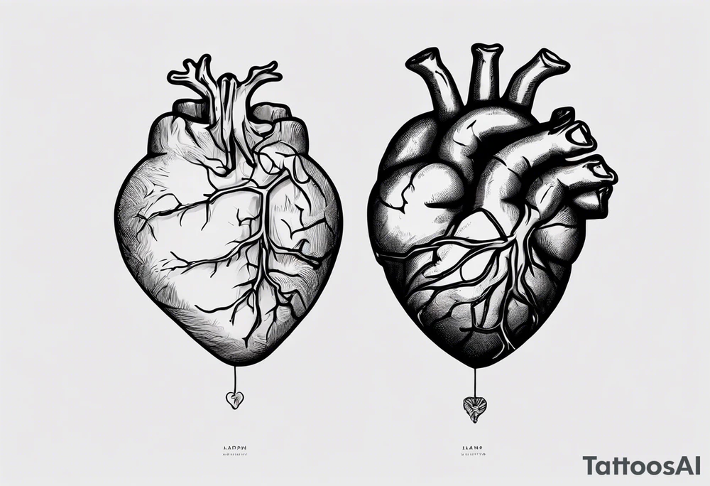 Woman's hand holding anatomical heart and an anatomical brain by a string tattoo idea