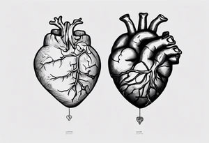 Woman's hand holding anatomical heart and an anatomical brain by a string tattoo idea