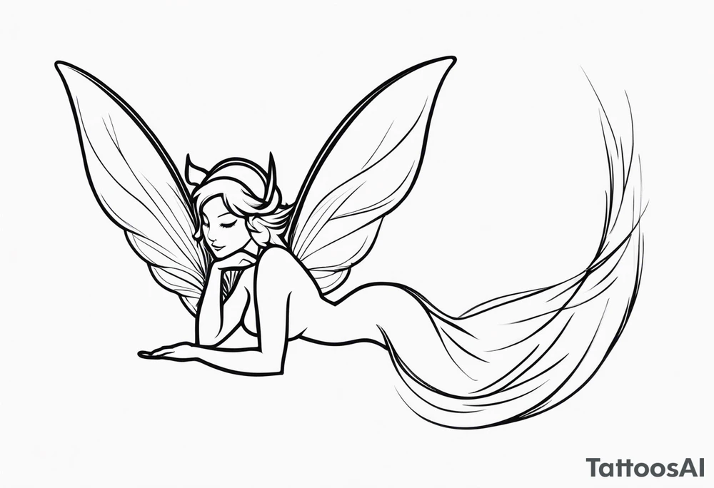 Minimalistic, monochromatic fairy with a tail flying to the left in a fetal position, leaning and looking in the same direction, with visible hands, embodying the 'Fairy Tail' logo aesthetic. tattoo idea