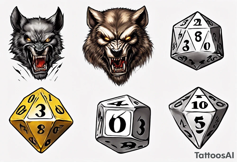 A 20 sided Dice with numbers and wolverine claw marks framing the underneath of the dice and a werewolf in the background tattoo idea