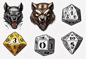A 20 sided Dice with numbers and wolverine claw marks framing the underneath of the dice and a werewolf in the background tattoo idea