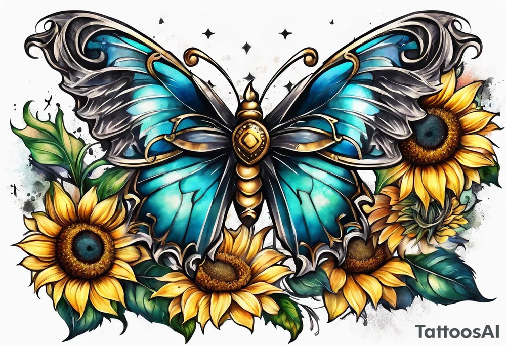 Winged cross with sunflower and butterflies tattoo idea