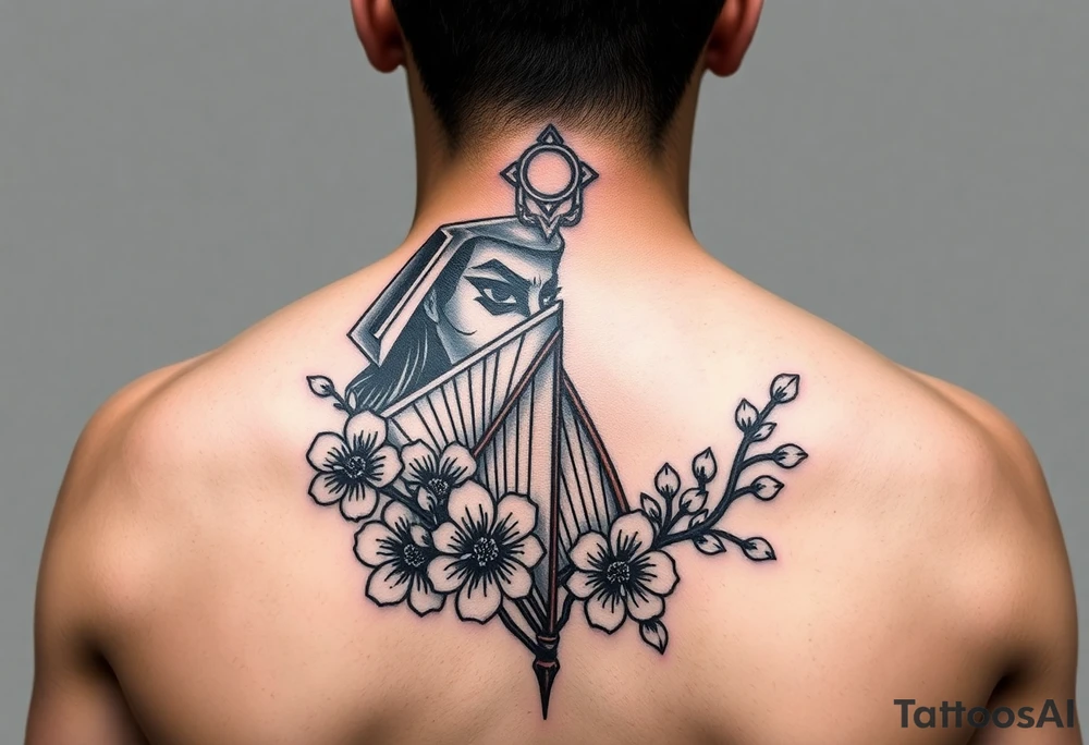 Samurai Asian face warrior and half
 with a fan across her face with cherry blossom tattoo idea