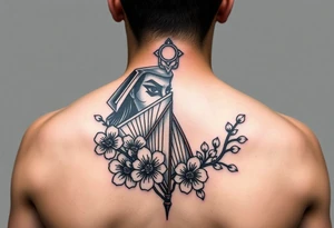 Samurai Asian face warrior and half
 with a fan across her face with cherry blossom tattoo idea
