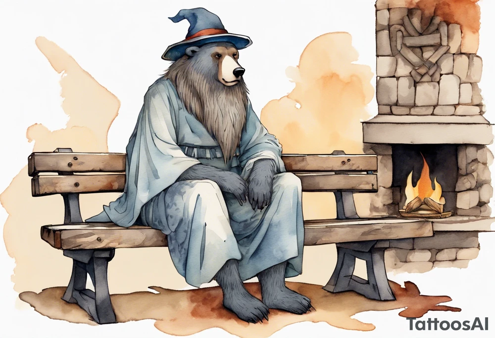 a medieval bear-human hybrid with a long grey beard wearing a tunic and a floppy hat sitting on a bench by a fireplace drinking from a wood cup tattoo idea