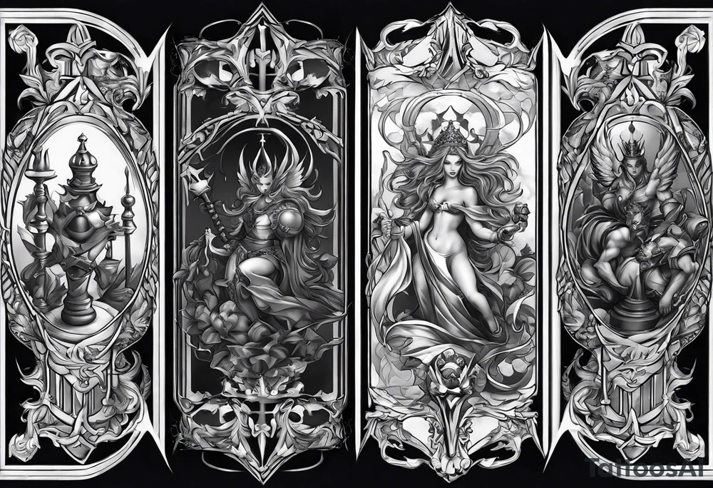 Design a leg sleeve featuring a chessboard with angelic and demonic chess pieces engaged in a strategic game, symbolizing the eternal battle between opposing forces. tattoo idea
