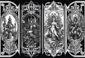 Design a leg sleeve featuring a chessboard with angelic and demonic chess pieces engaged in a strategic game, symbolizing the eternal battle between opposing forces. tattoo idea