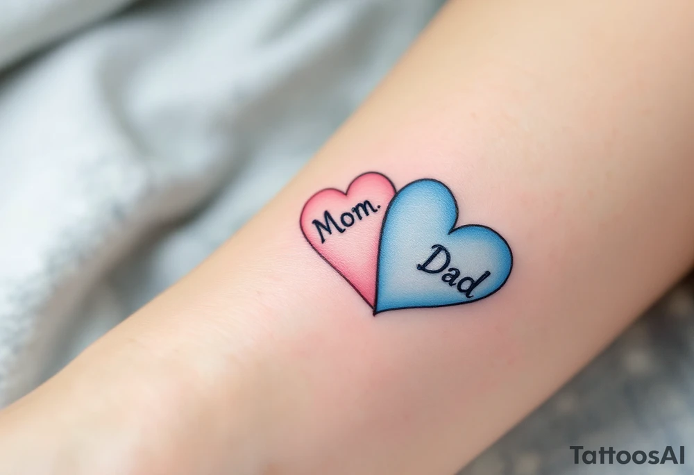 A split heart tattoo: one side in soft pink labeled “Mom,” the other in sky blue labeled “Dad.” tattoo idea